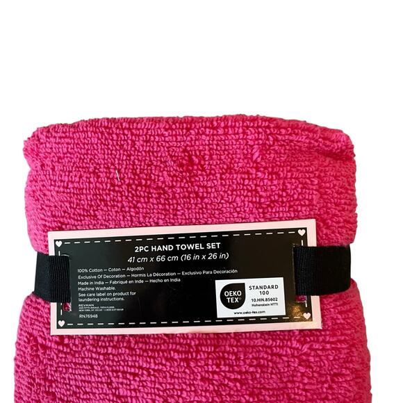 2pc Betsey Johnson Hand Towels 16x26 Hot Pink White Coquette Bow 100% Cotton New - Picture 10 of 11